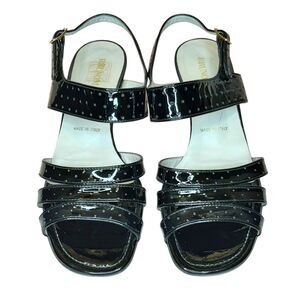 Bruno Magli Sandals Black Patent Women Sz 36.5 Low Heel Wedge Polka Dot Texture